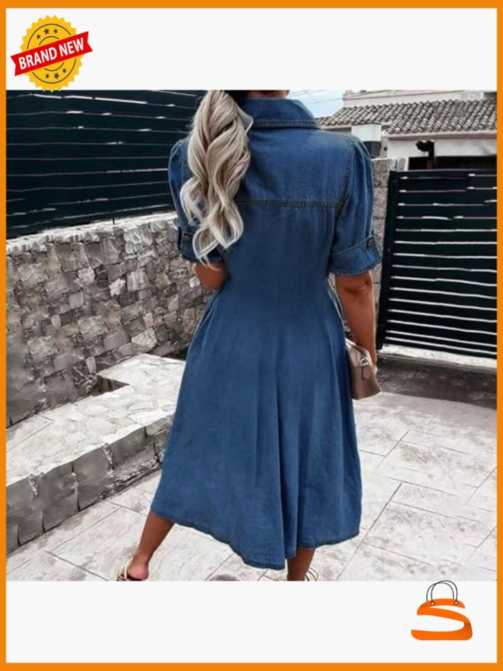 V Neck Short Sleeve Denim Shirt Dress A-Line Midi with Pockets - Picture 2 of 7